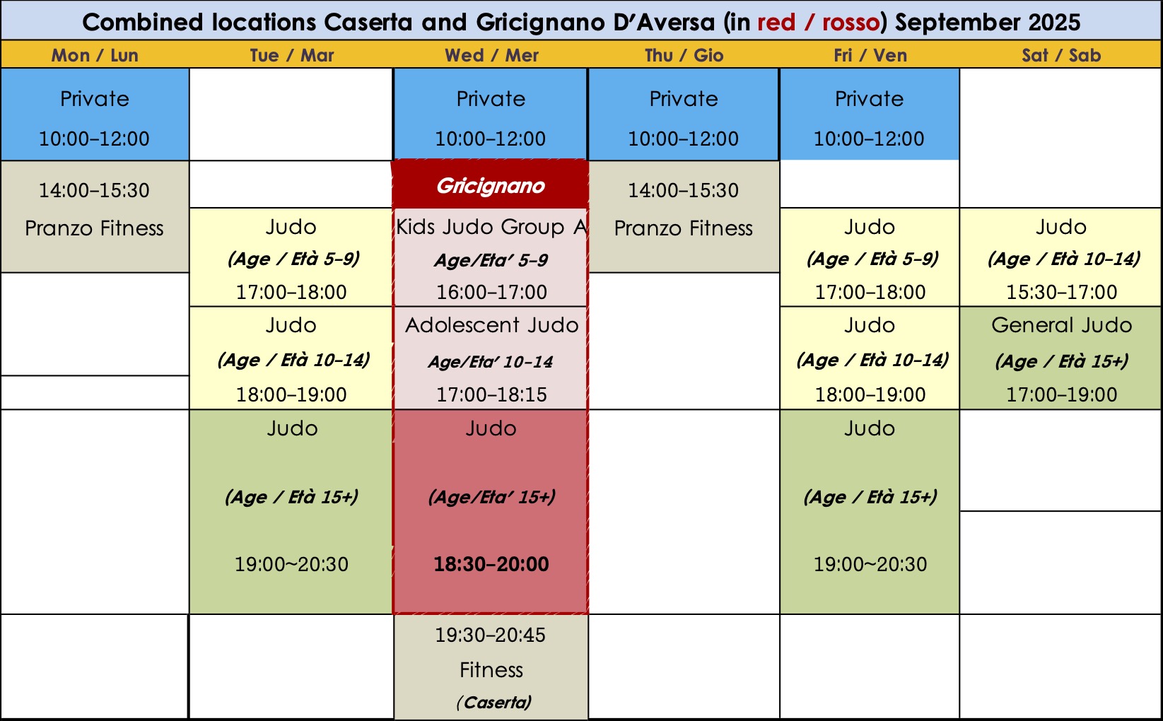 Judo Link practice schedule